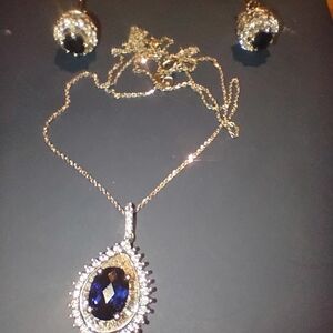 lab-grown Sapphire Blue Teardrop 925 silver pendant with 14kt Necklace，